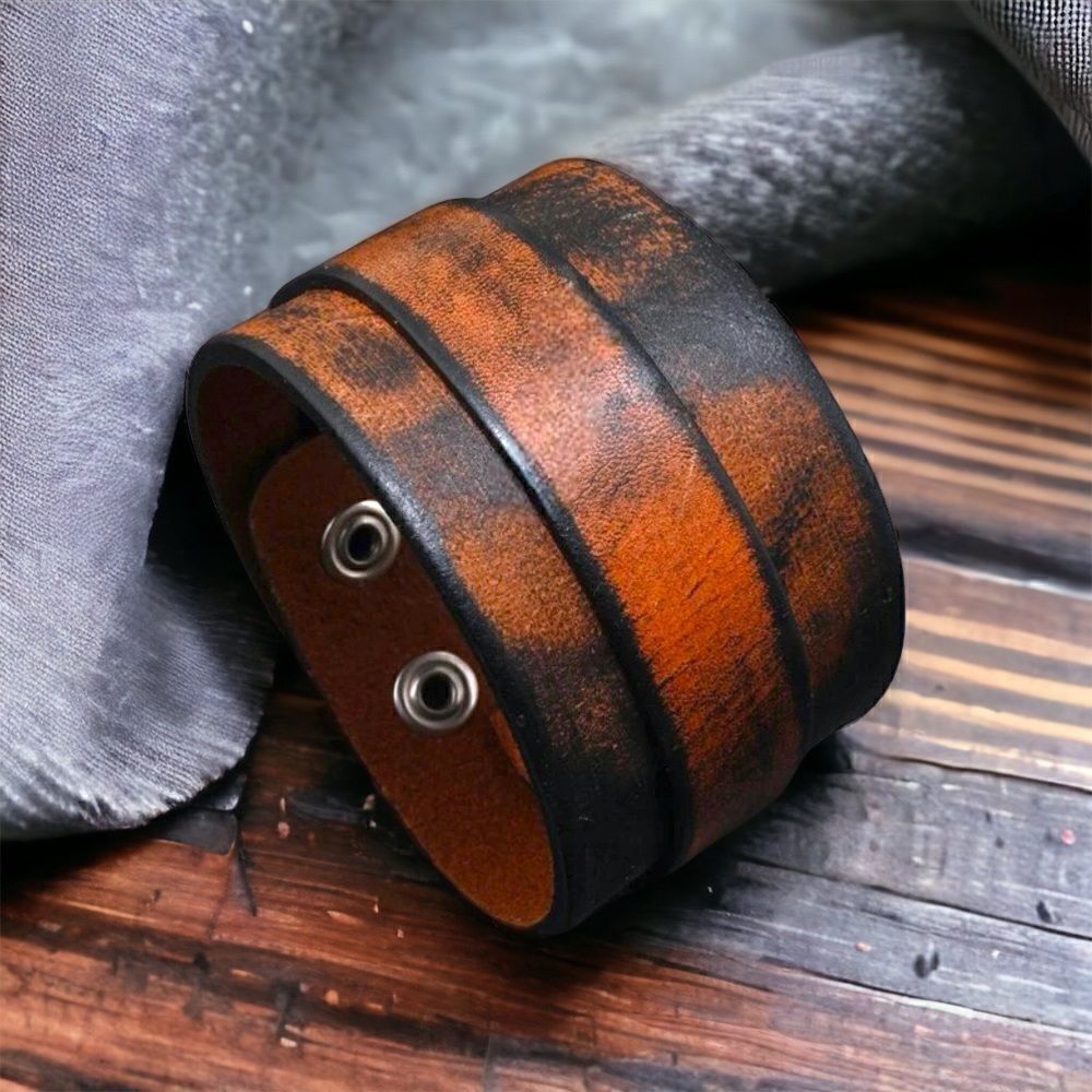 Men’s Leather Cuff, Wristband l Brown/Black Soft P/U l  2-Snap Adj Design l New